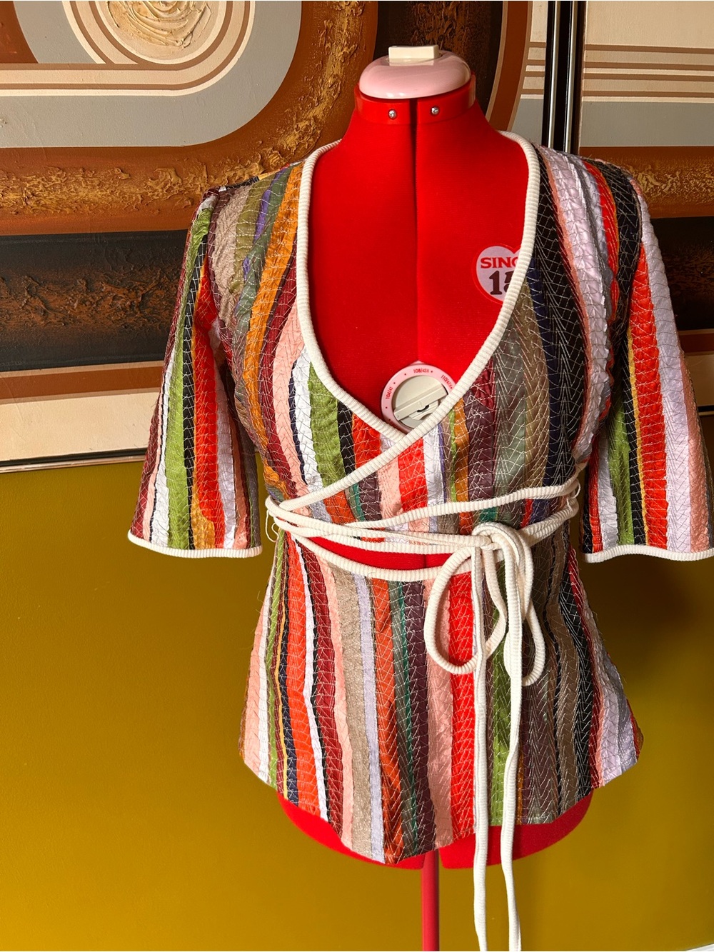 Rosie Assoulin Multicolor Striped Wrap Blouse with Tie